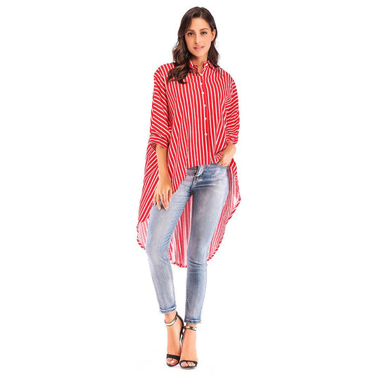BAT-SLEEVED LOOSE DOVETAIL TREND STRIPED SHIRT