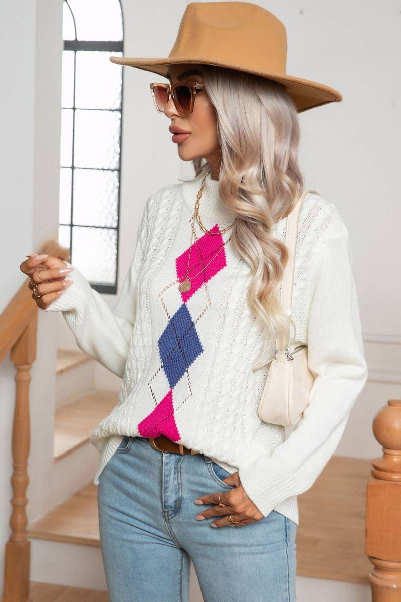 CWOSWL3962_CONTRAST COLOR CABLE HALF TURTLENECK SWEATER