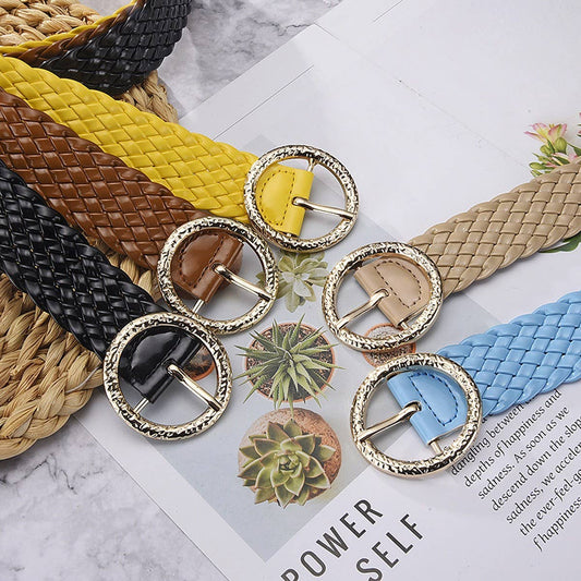 METAL ROUND BUCKLE PATENT LEATHER BRAIDED WIDE BELT