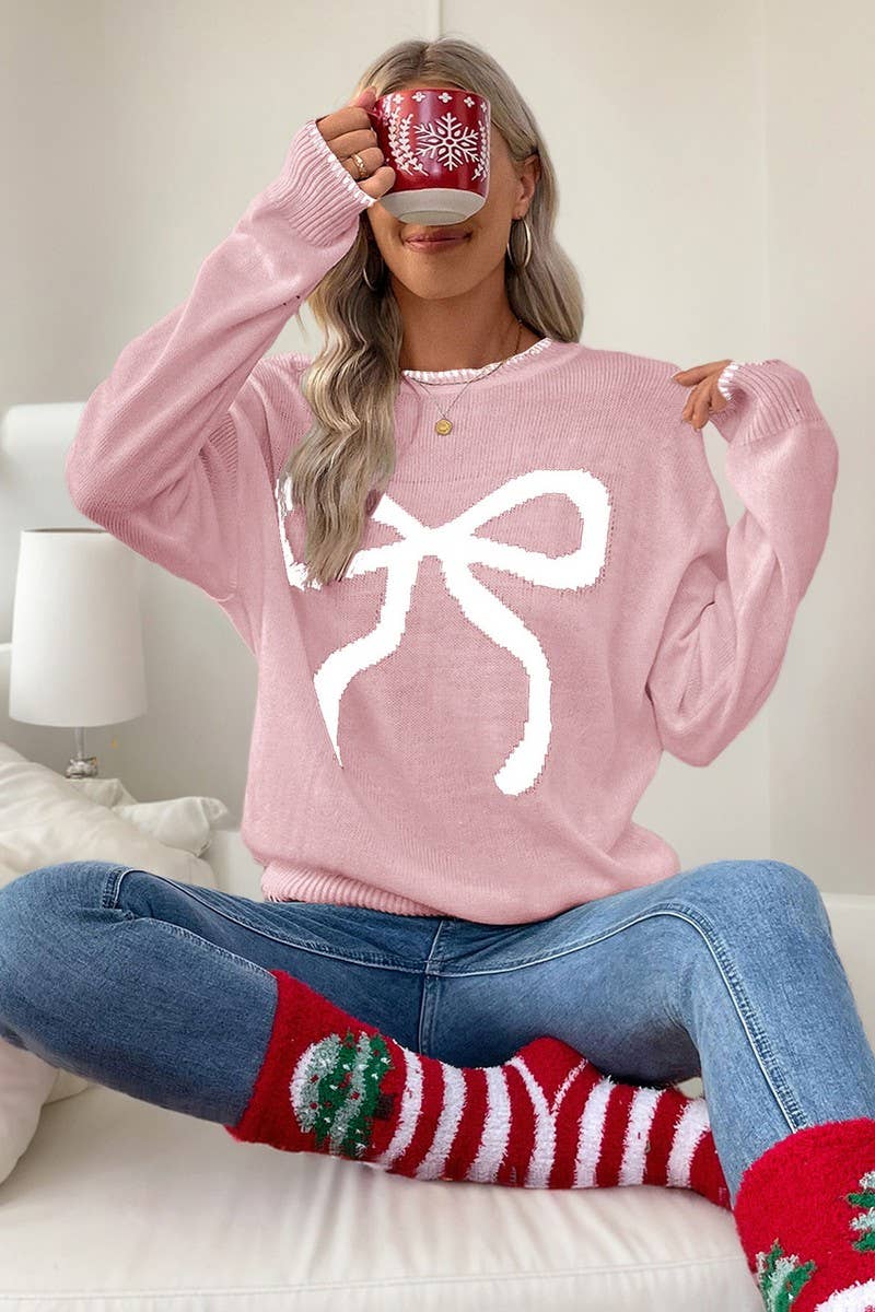 CWOSWL5861_BOW LONG SLEEVE CREWNECK CHRISTMAS SWEATER