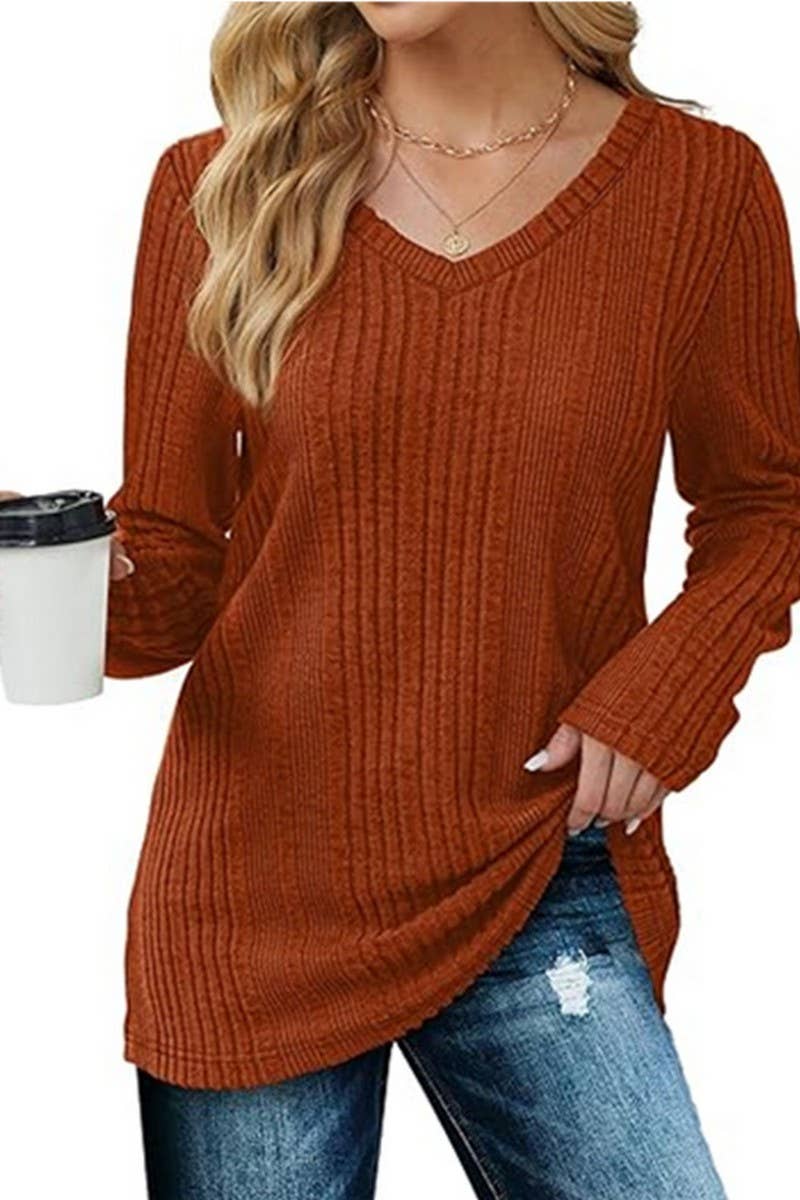 CWOSWL6559_V-NECK SOLID COLOR LONG-SLEEVED KNITTED SWEATER