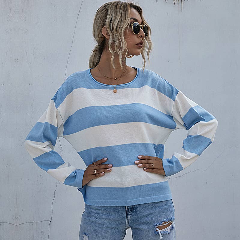 CREW-NECK COLOR STRIPED FASHION KNIT SWEATER