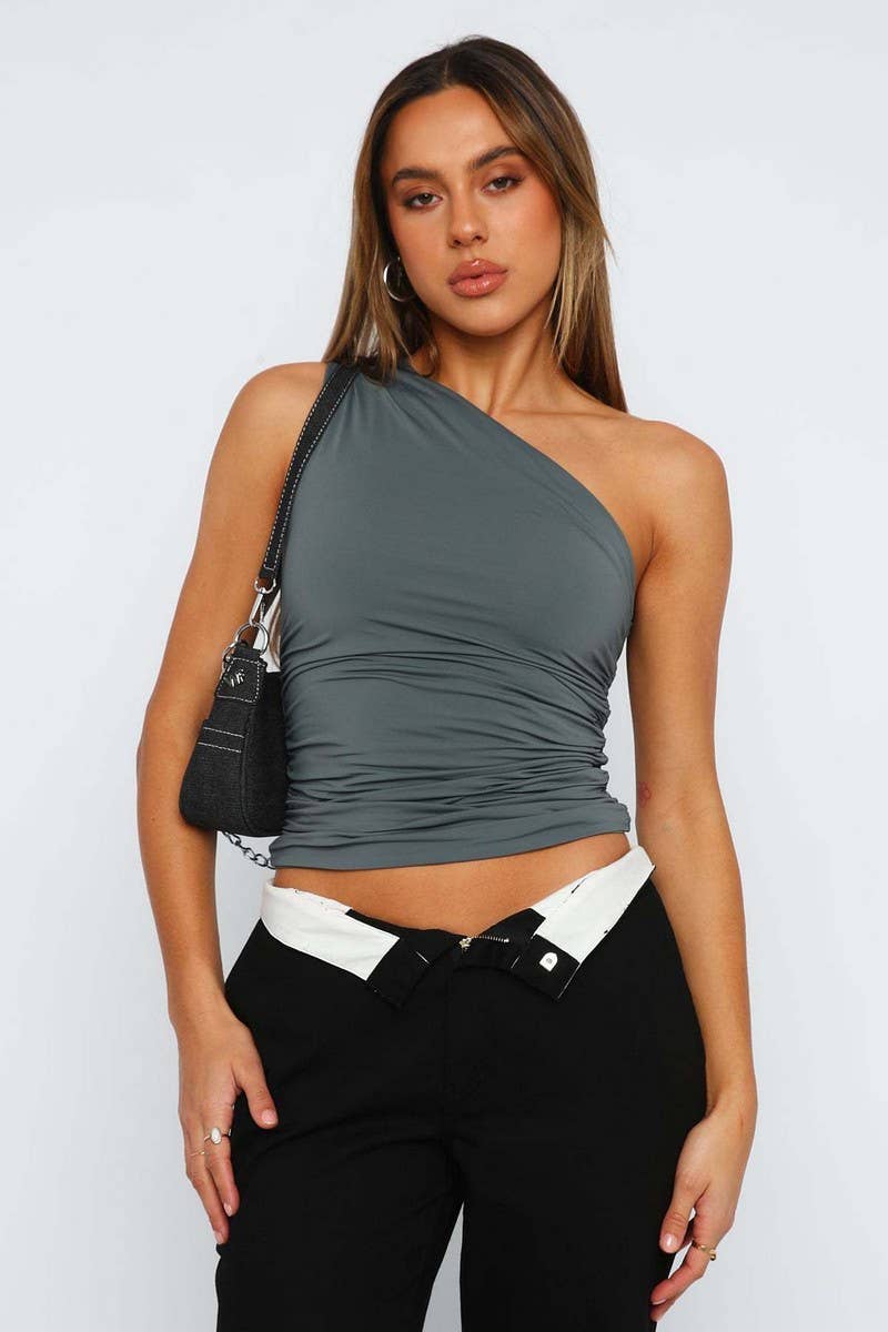 CWTBLSL0501_ONE-SHOULDER SLEEVELESS SLIM-FIT TOP
