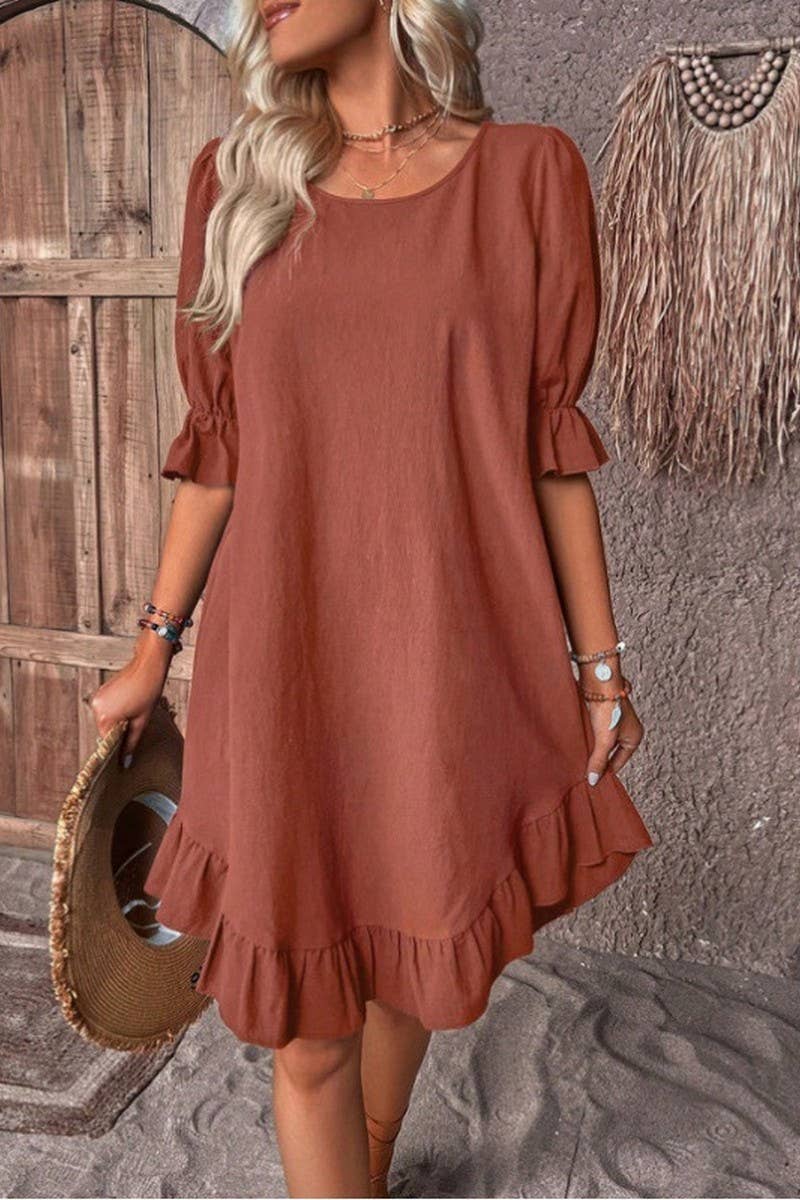 CWDSD10874_VINTAGE COTTON LINEN SHORT SLEEVE SWING DRESS