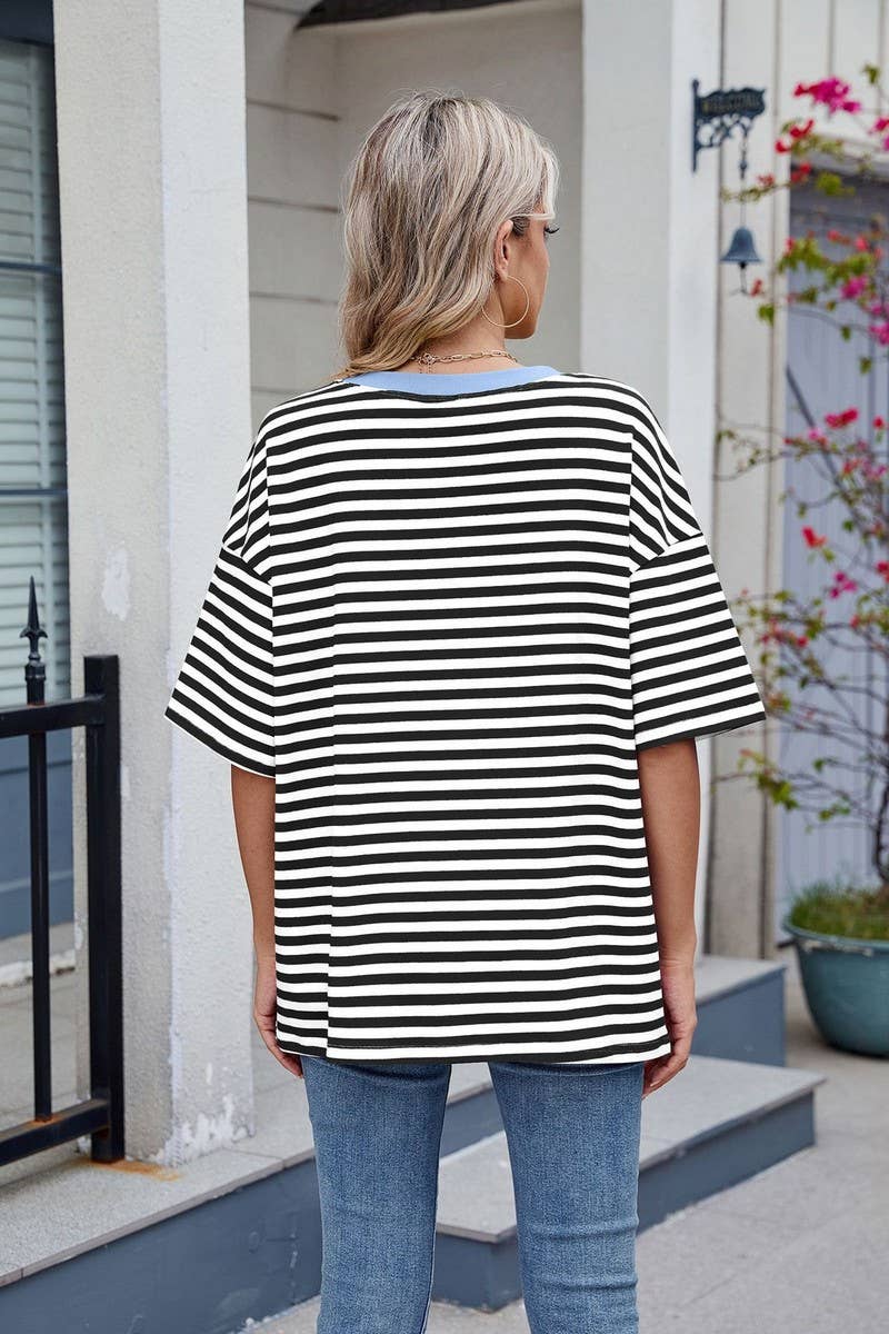 CWTBLS1736_STRIPED CONTRAST LOOSE SHORT-SLEEVED T-SHIRT TOP