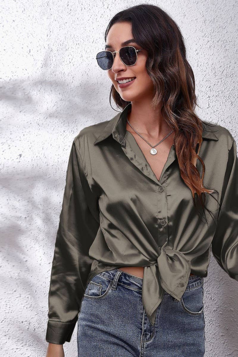 CWTBLL0691_Button Down Silky Satin Long Sleeve Top