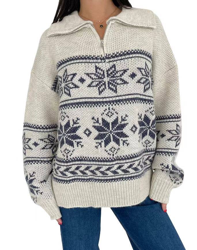 COMFORTABLE JACQUARD ZIPPER LONG-SLEEVED SWEATER