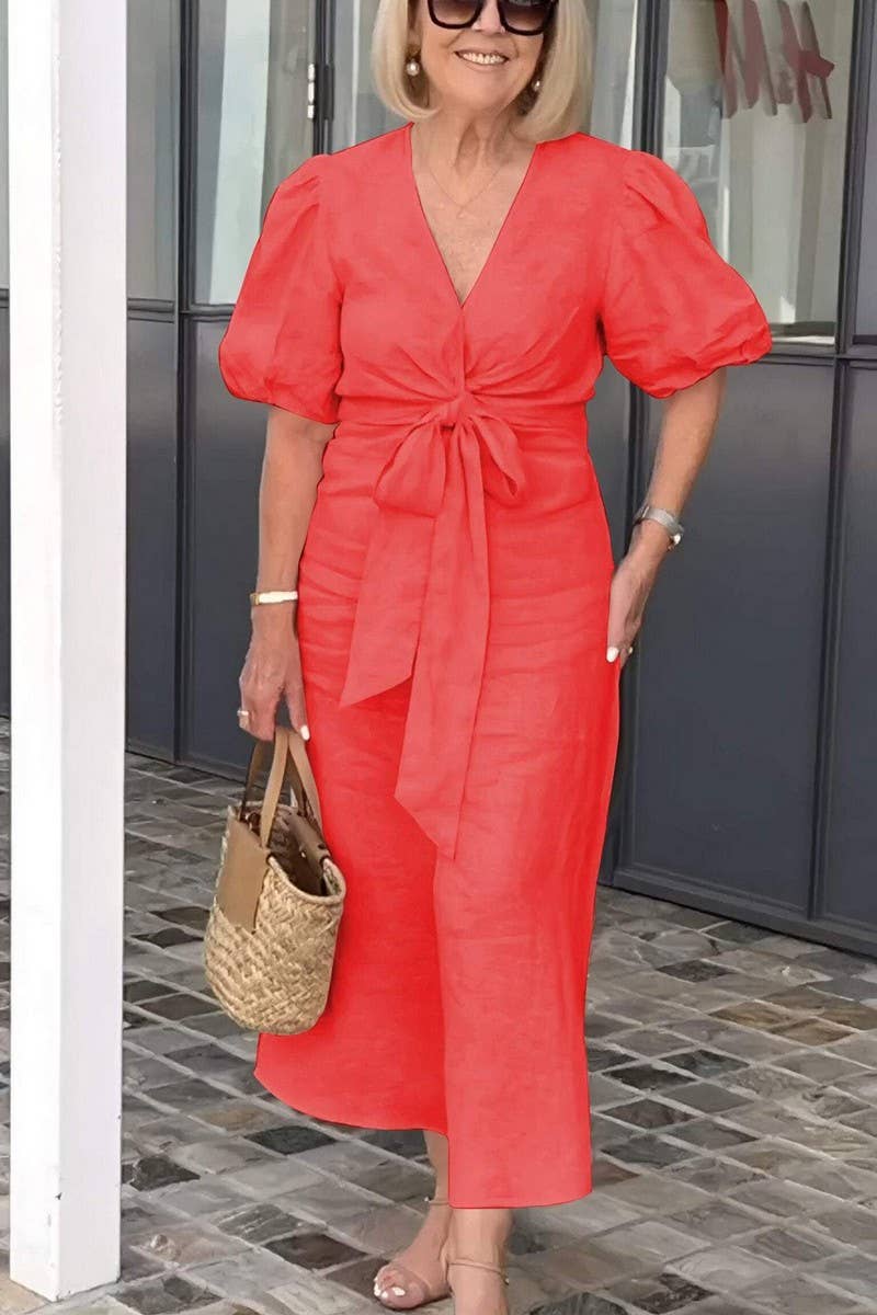 CWDMD4156_V-NECK TIE PUFF SLEEVE SHORT-SLEEVED DRESS