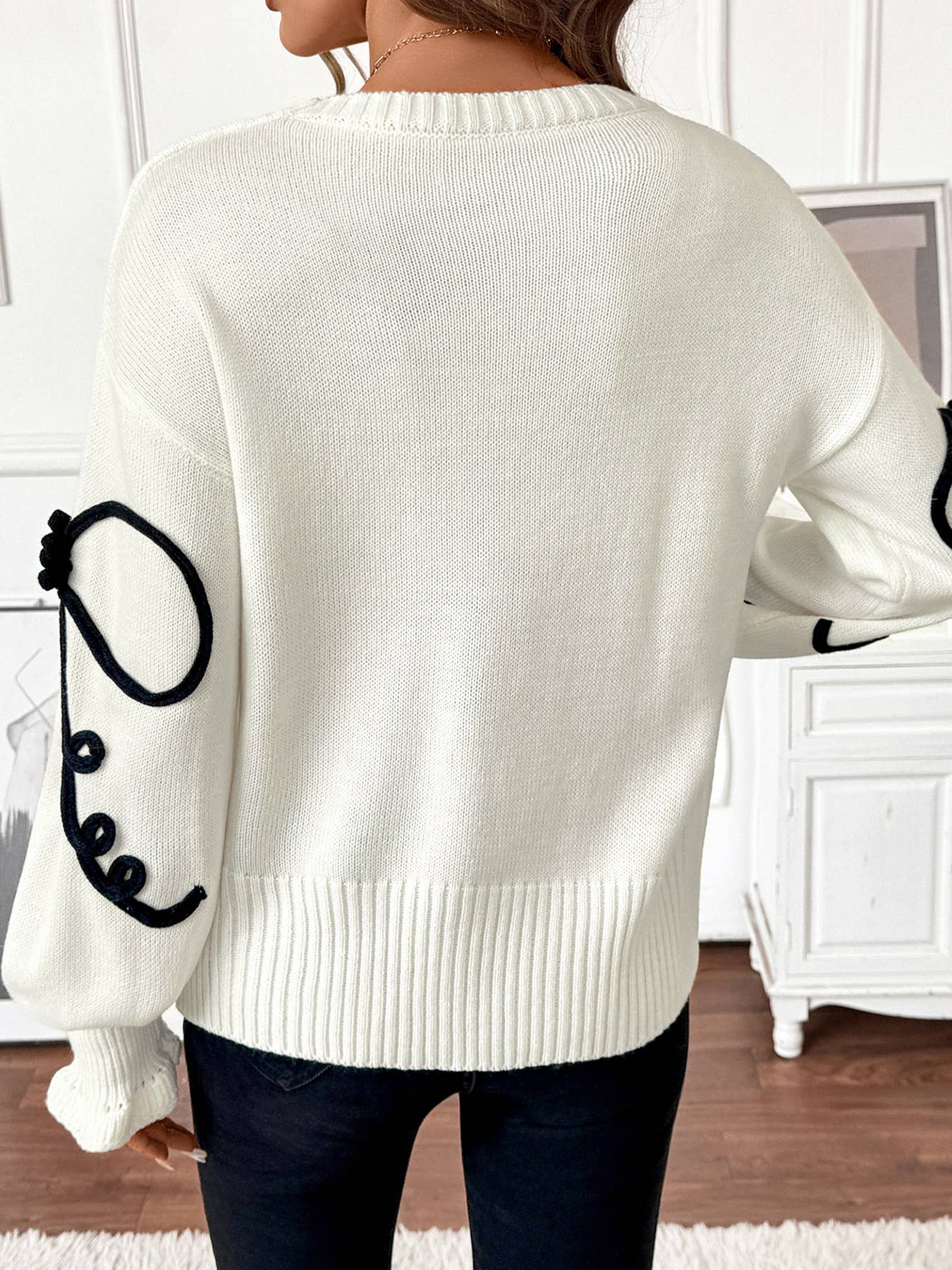 Color-blocking bow pullover long-sleeved sweater