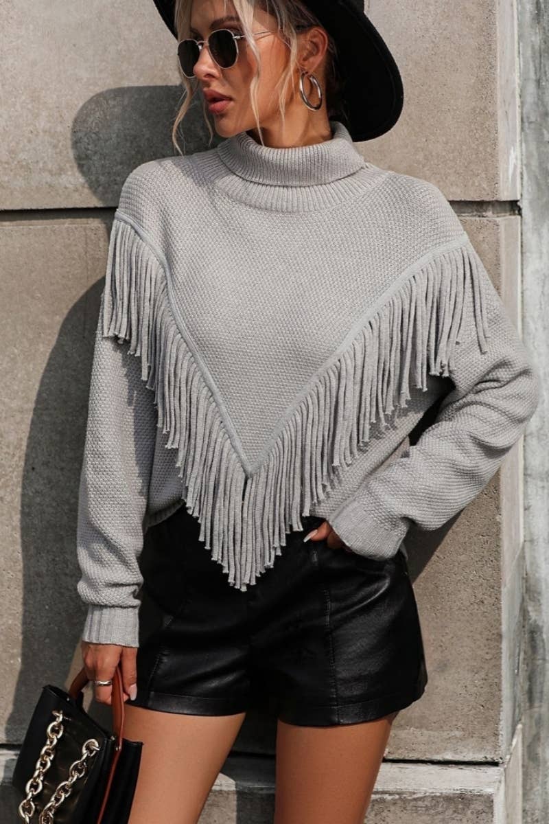CWOSWL604 Turtle neck Fringe Tassel Pullover Sweater