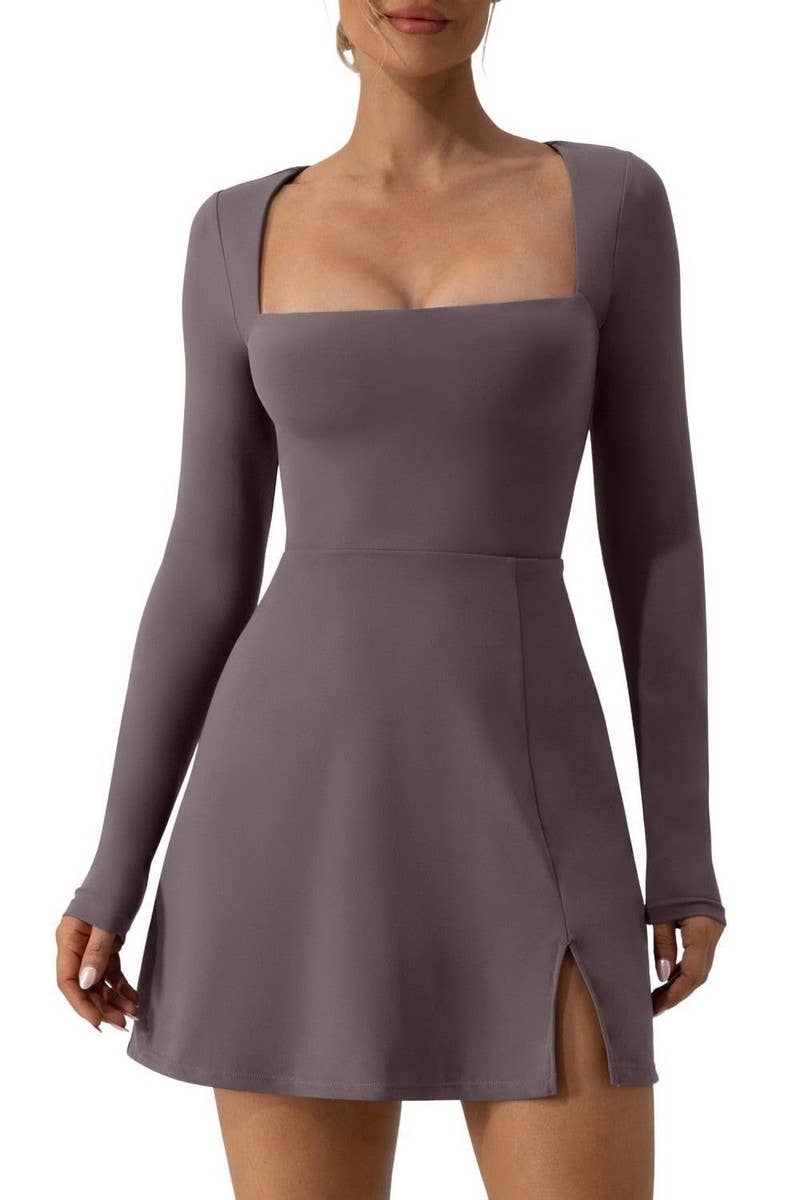 CWDSD8464_SQUARE NECK CORSET SLEEVE SLIT FLARE MINI DRESS