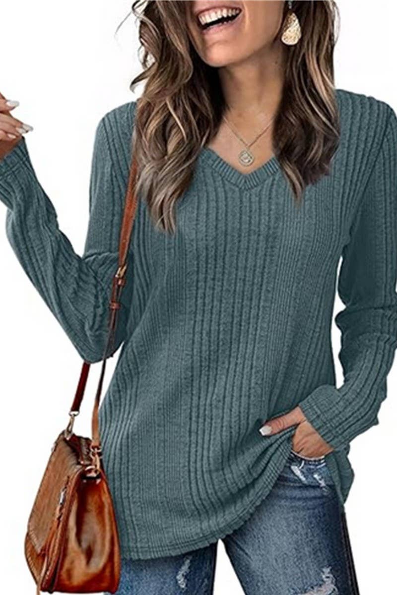 CWOSWL6559_V-NECK SOLID COLOR LONG-SLEEVED KNITTED SWEATER
