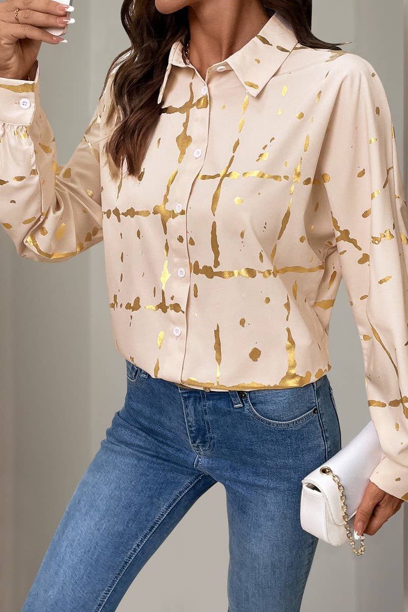 CWTSTL1869_LOOSE LONG-SLEEVED LAPEL GOLD-STAMPED SHIRT