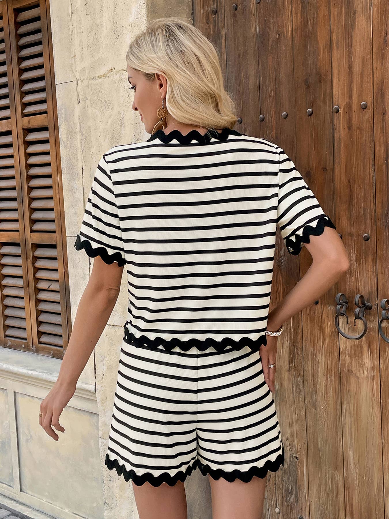 Casual striped and lace patchwork two-piece set