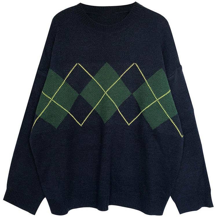 DIAMOND CHECK LOOSE STYLISH SLIMMING SWEATER