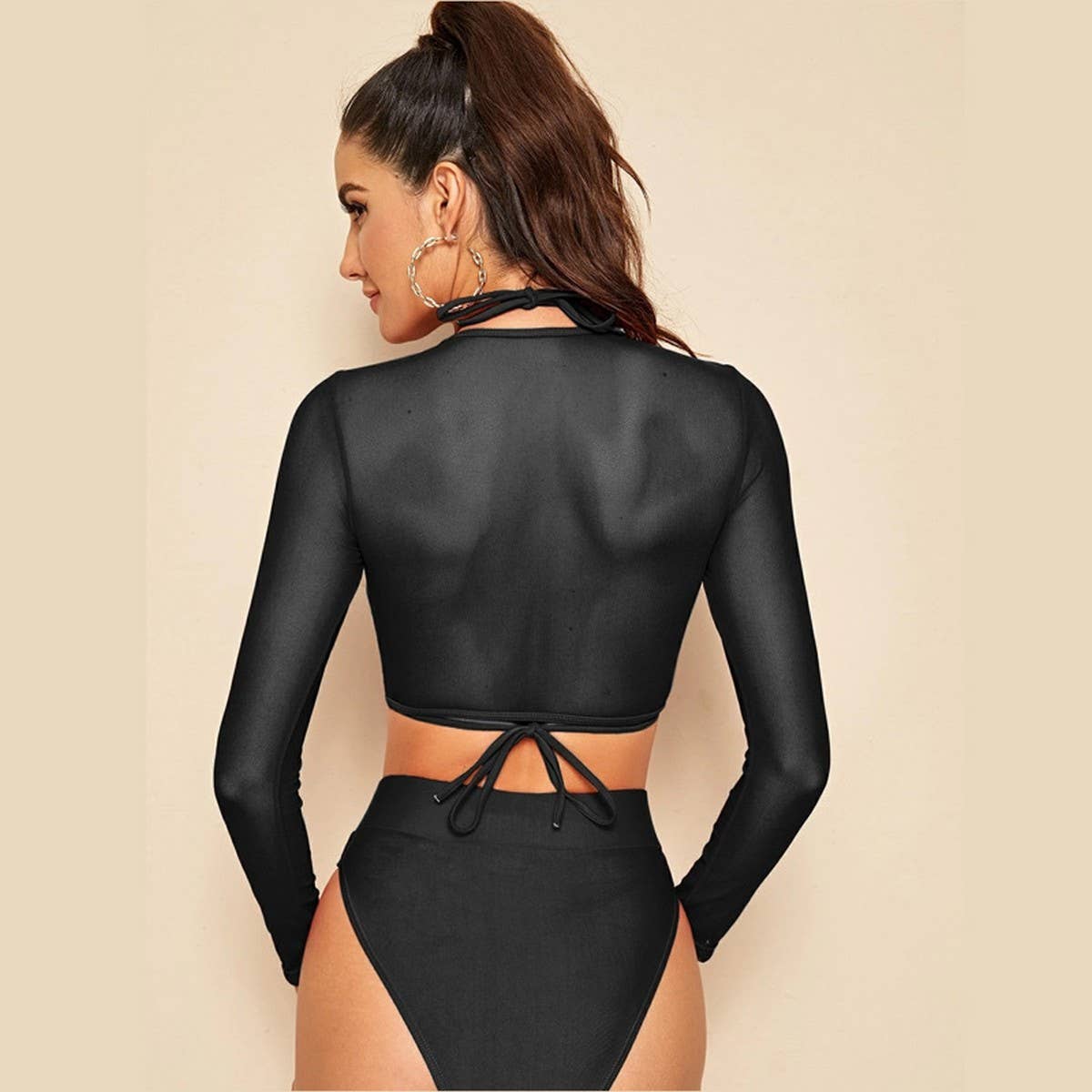 Long Sleeve Cover-Up Bikini Set - High Waist Swimsu