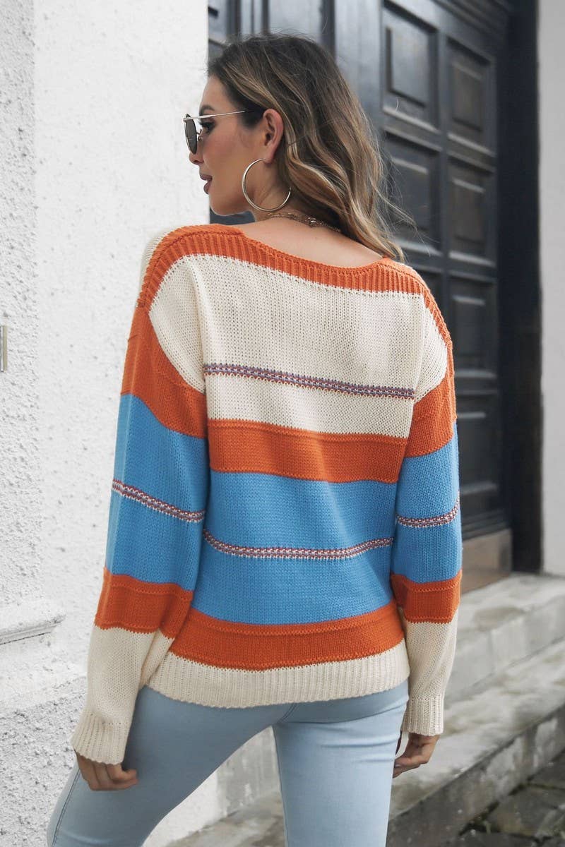 CWOSWL6860_LOOSE STRIPED CONTRAST V-NECK SWEATER