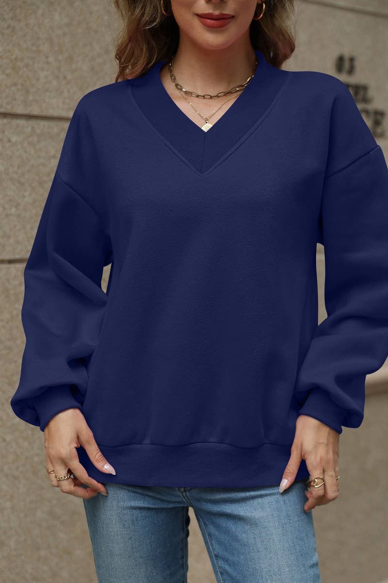 CWTBLL4011_SOLID V-NECK FLEECE LINED LOOSE FIT SWEATSHIRT