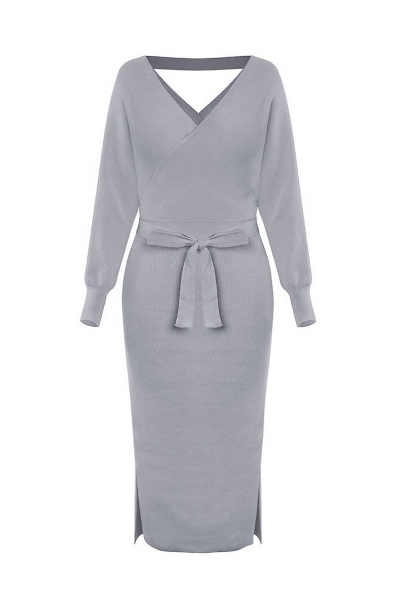 CWDMD4003_SOLID COLOR SLIM V-NECK LACE-UP KNITTED DRESS