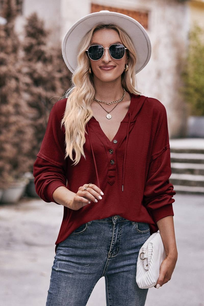 CWTBLL2714_V-NECK BUTTON-UP LONG-SLEEVED HOODED TOP