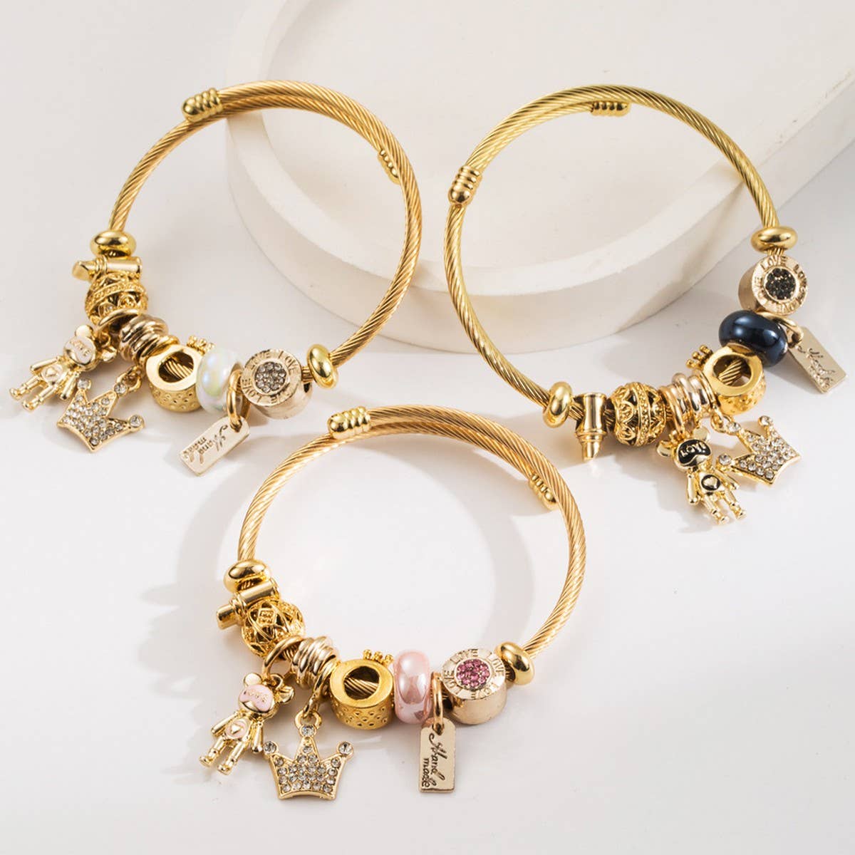 Trendy Beaded Steel Bracelet with Bear & Crown