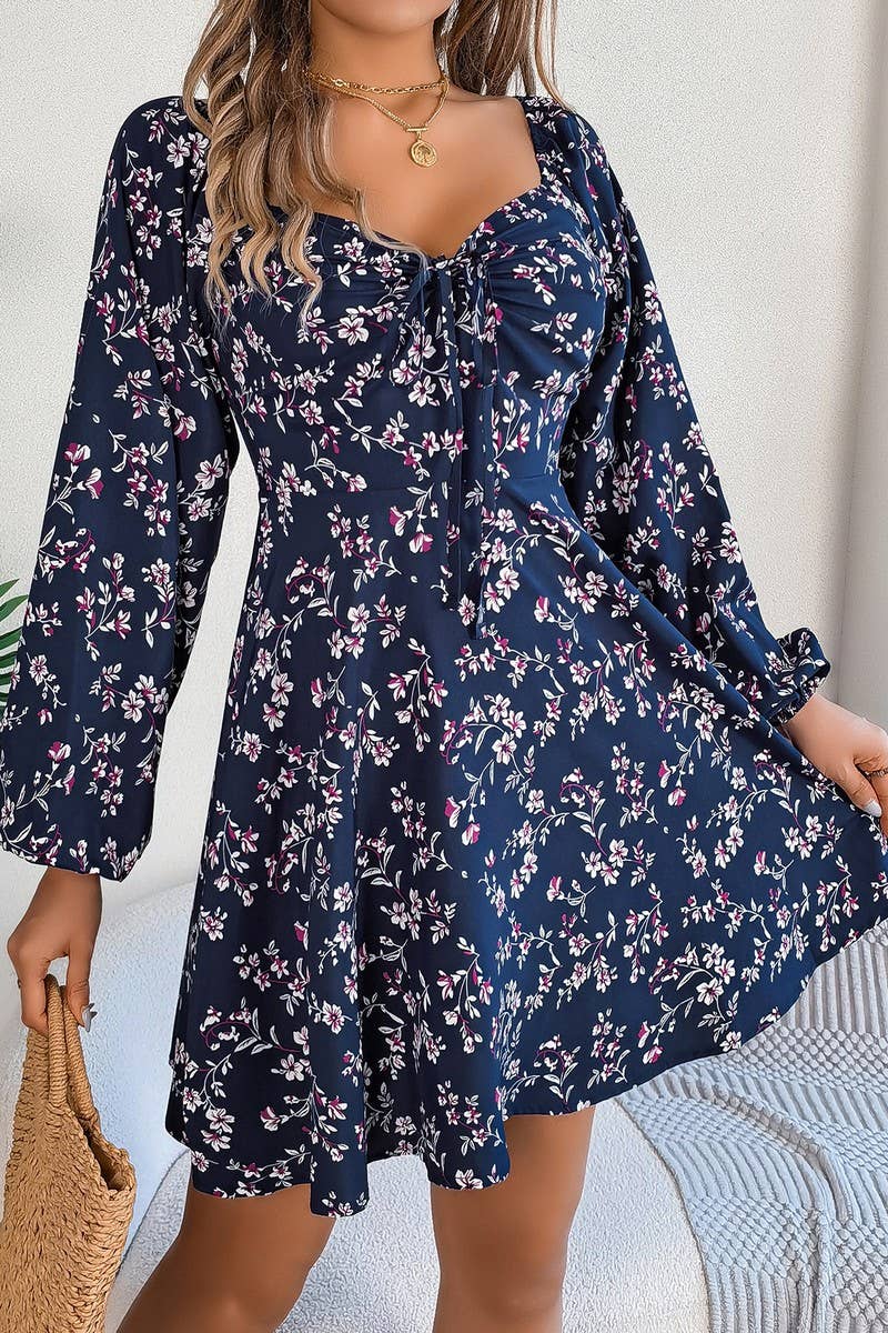 CWDSD7221_CASUAL SQUARE NECK FLORAL LONG SLEEVE A-LINE DRESS