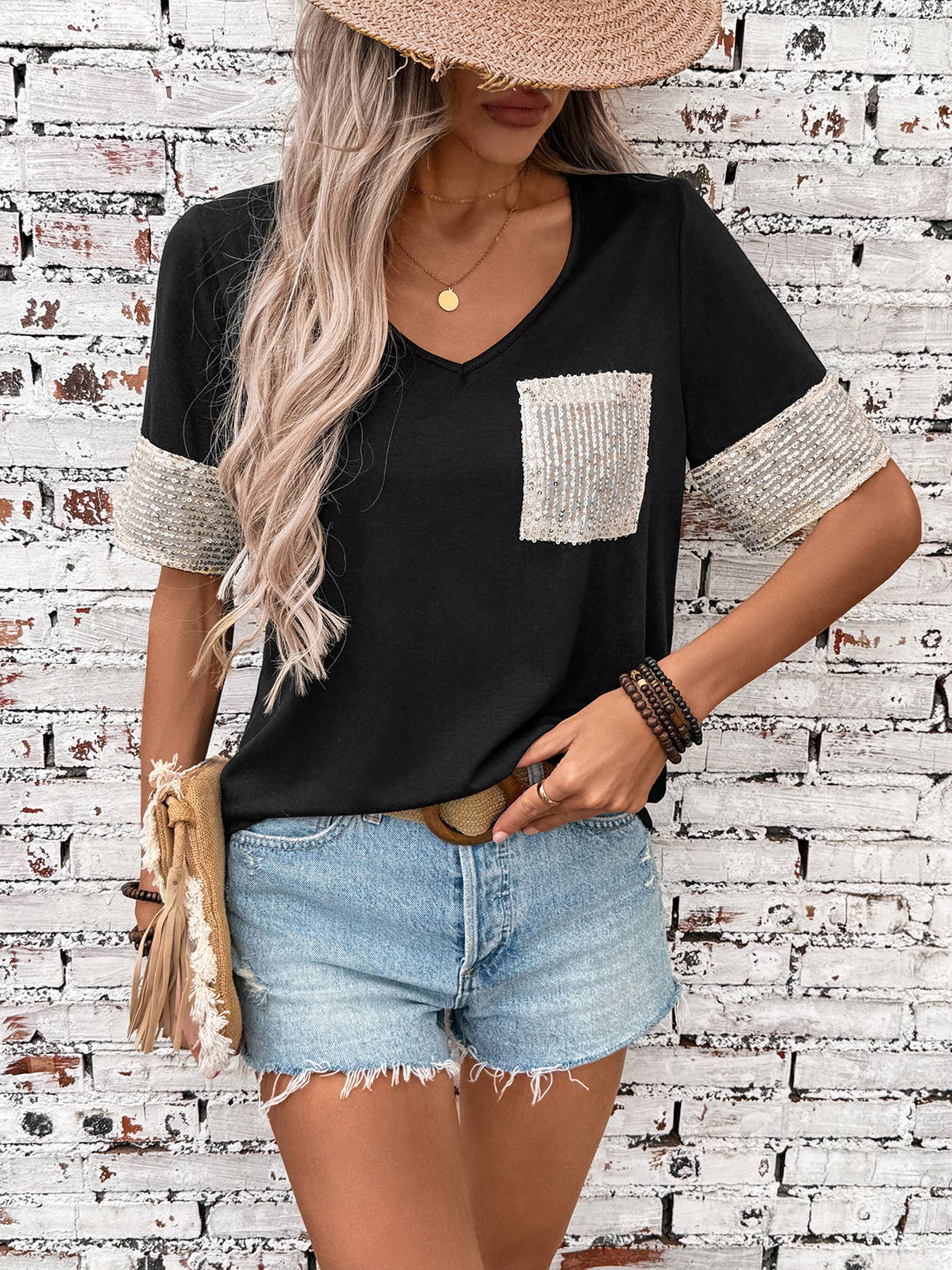 Basic Black and White Sequin Short Sleeve Top