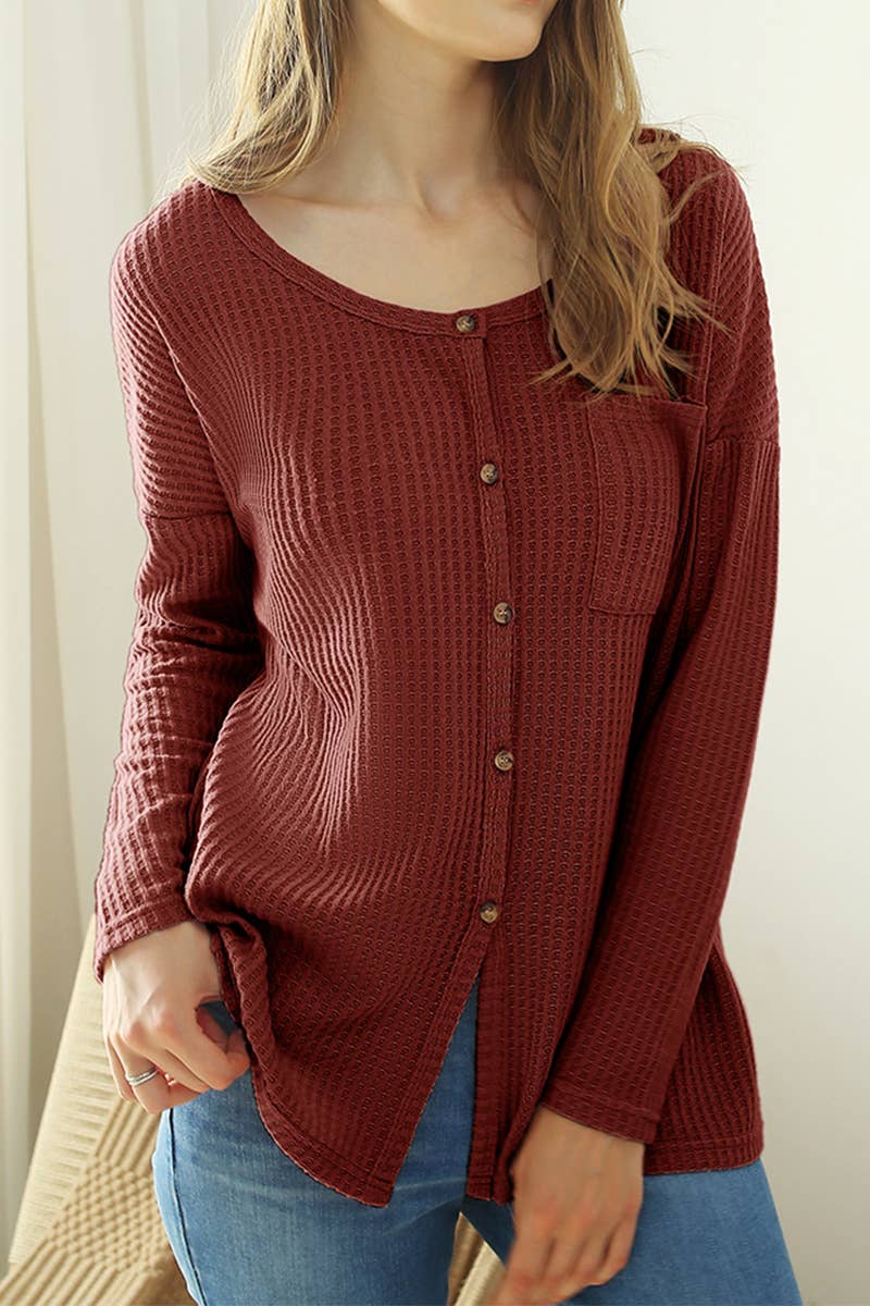 CWTSTL449_BUTTON BRUSHED R NECK DETAILED WAFFLE TOP