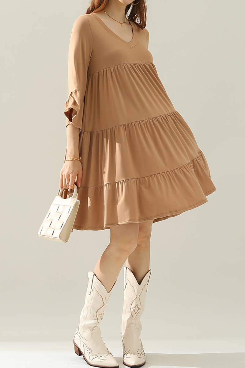 CWDSD10353_V NECK 3 TIERED WITH RUFFLE SLEEVE DRESS