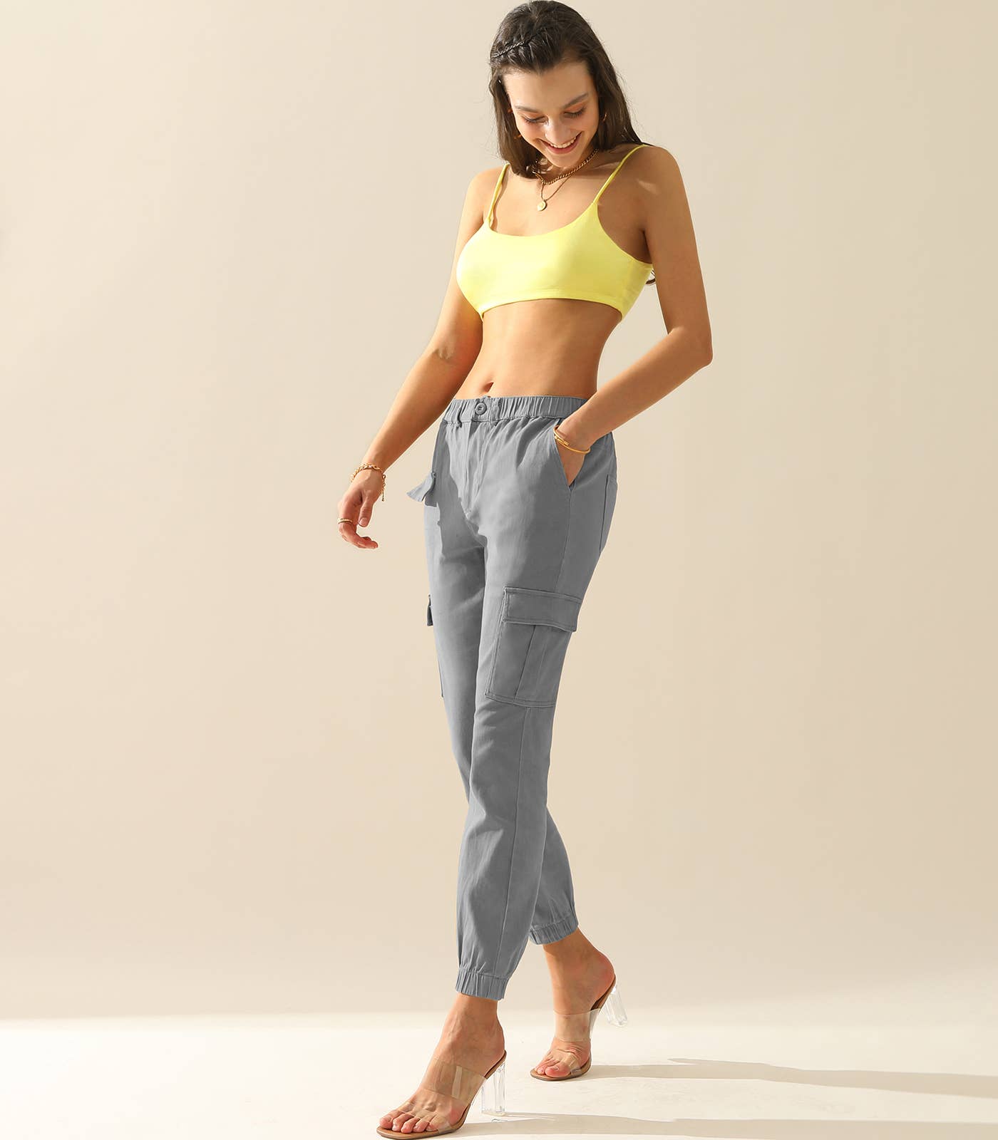 CWBLP400_Elastic Waist Cargo Pants Cotton Cargo Work Pants