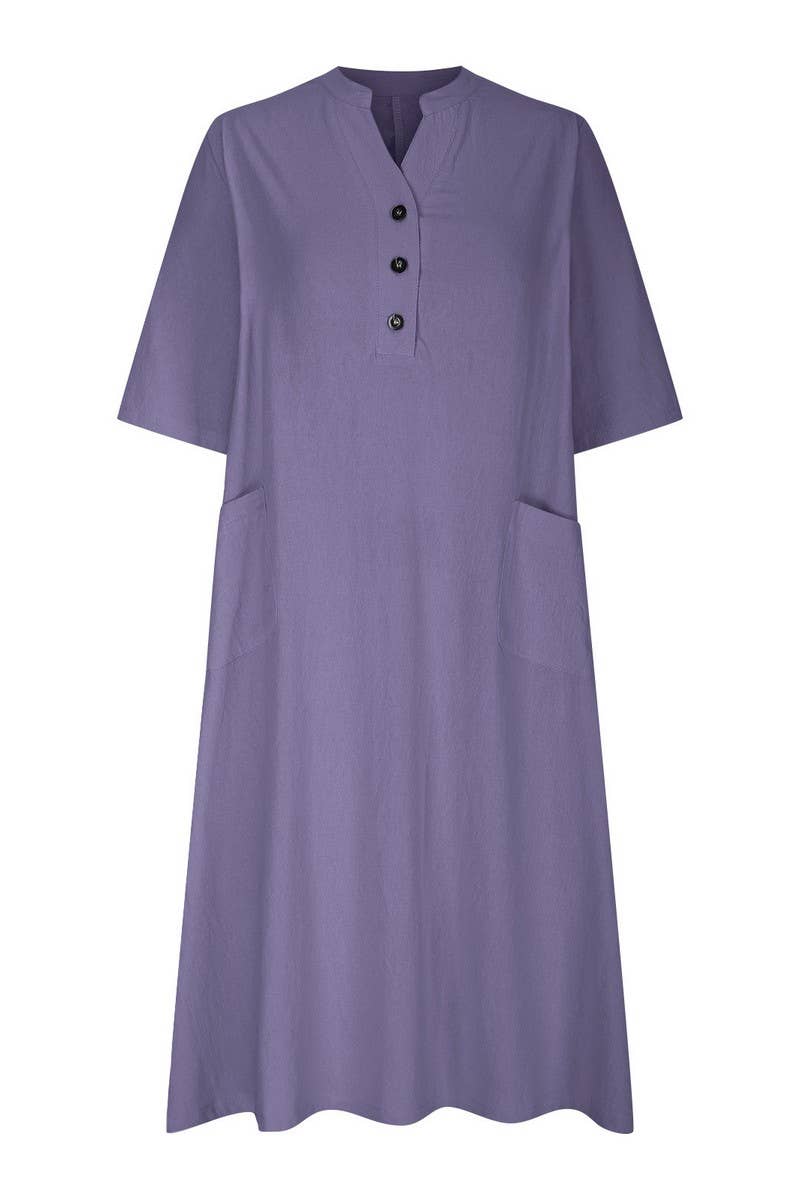 CWDMD01065_V-NECK LOOSE THREE-BUTTON POCKET DRESS