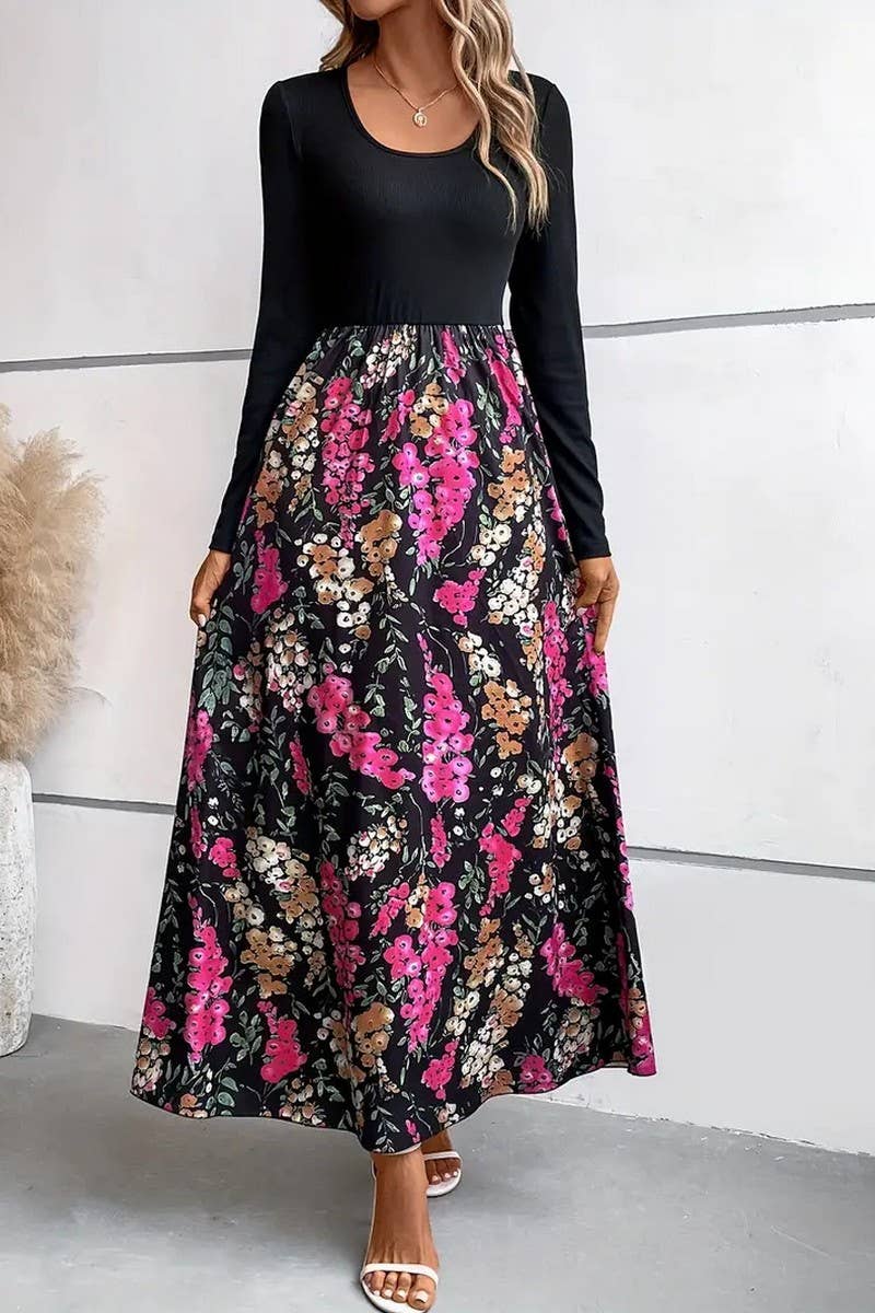 CWDMD3984_FLORAL PRINT COLORBLOCK LONG SLEEVE DRESS