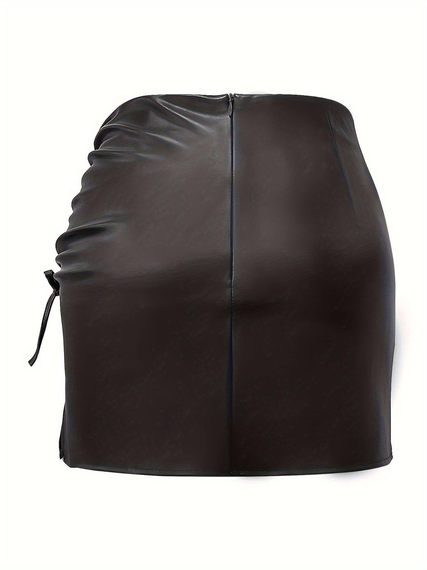 Drawstring strap split pack hip PU leather skirt