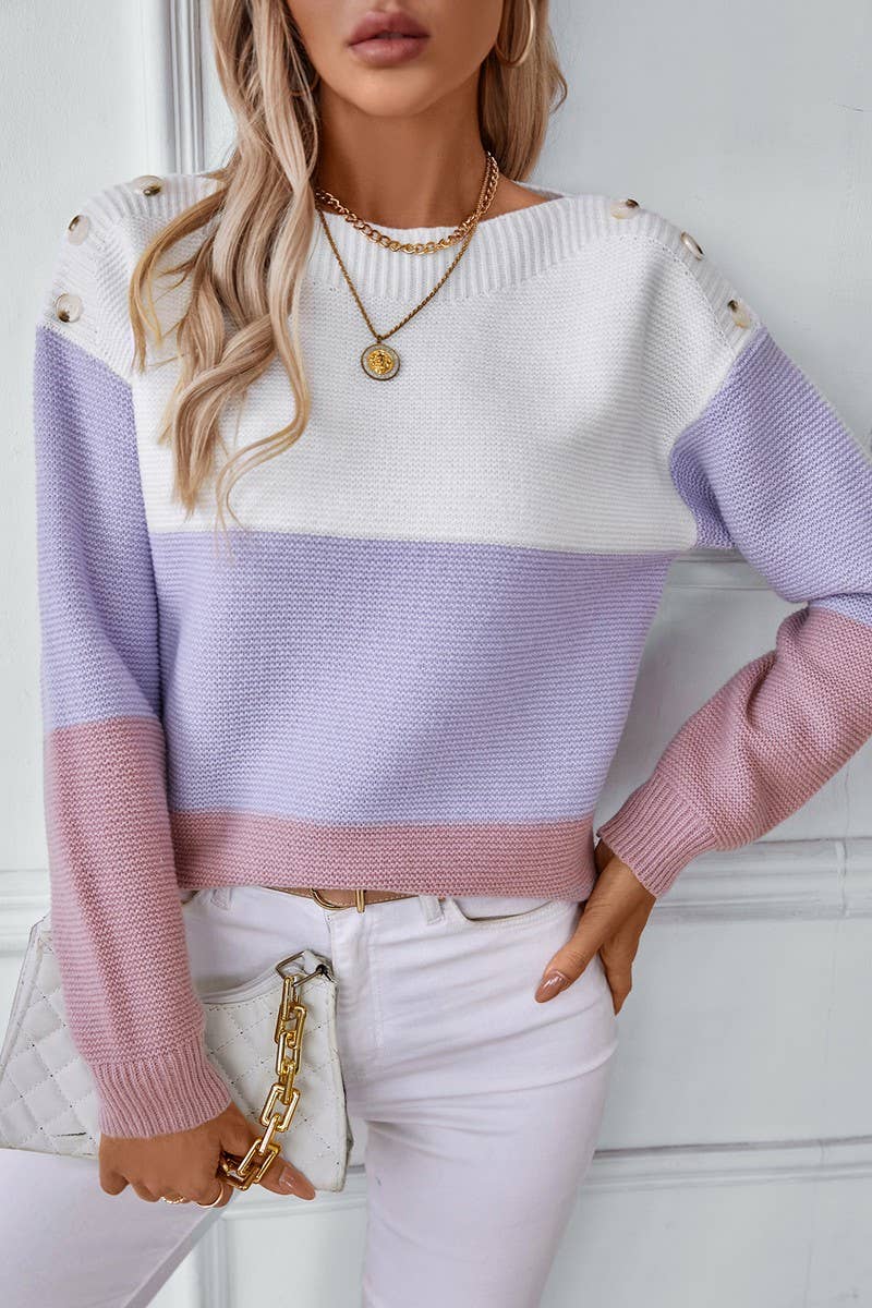 CWOSWL2839_BOAT NECK CONTRAST BUTTON KNIT SWEATER