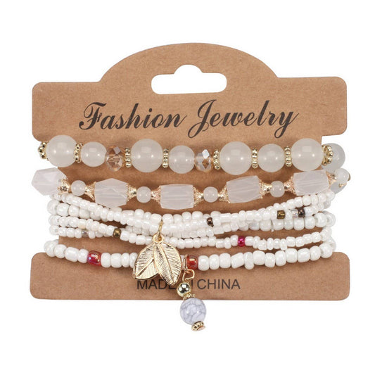 CWMM10461_BOHO MULTI LAYER BEADED LEAF CHARM BRACELET
