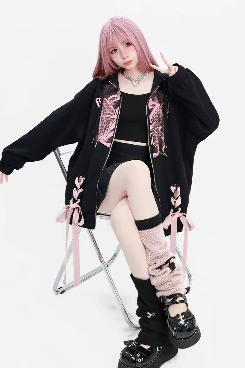 CWOHOL1114_BUTTERFLY PRINT ZIP UP LOOSE HOODIE JACKET