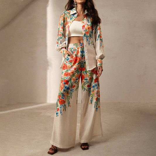 Fashion floral printed shirt and trousers set