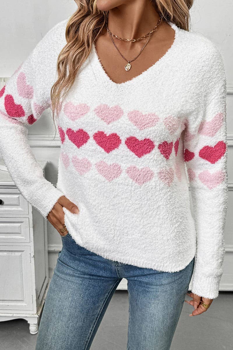 CWOSWL6902_V-NECK LONG SLEEVE HEART PRINT SWEATER