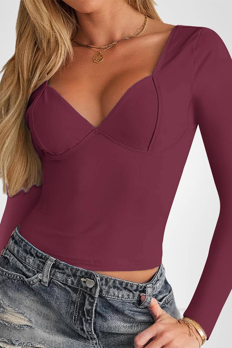 CWTTL2002_SPRING AND AUTUMN V-NECK SLIM-FIT LONG-SLEEVED TOP