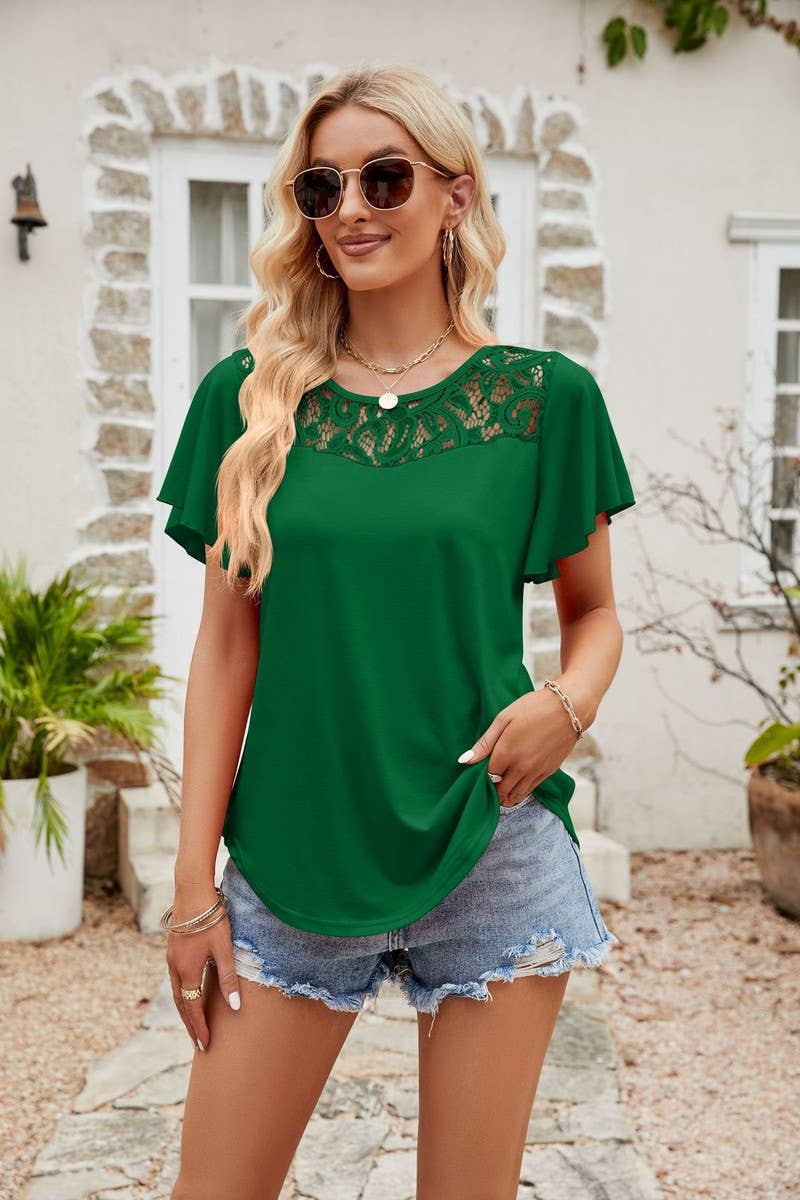 CWTTS00717_LACE-PANEL SHORT-SLEEVED ROUND NECK HOLLOW TOP