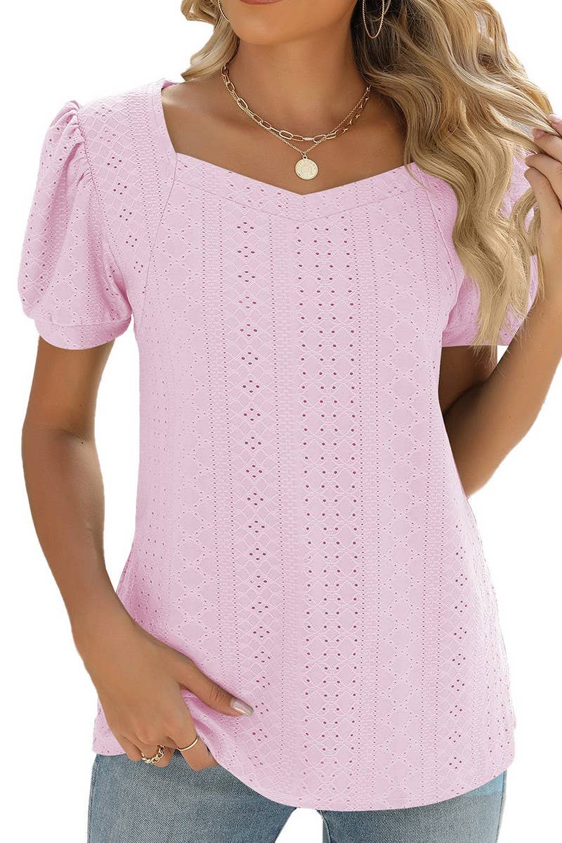 CWTBLS0877_SQUARE COLLAR SOLID COLOR SHORT-SLEEVED TOP