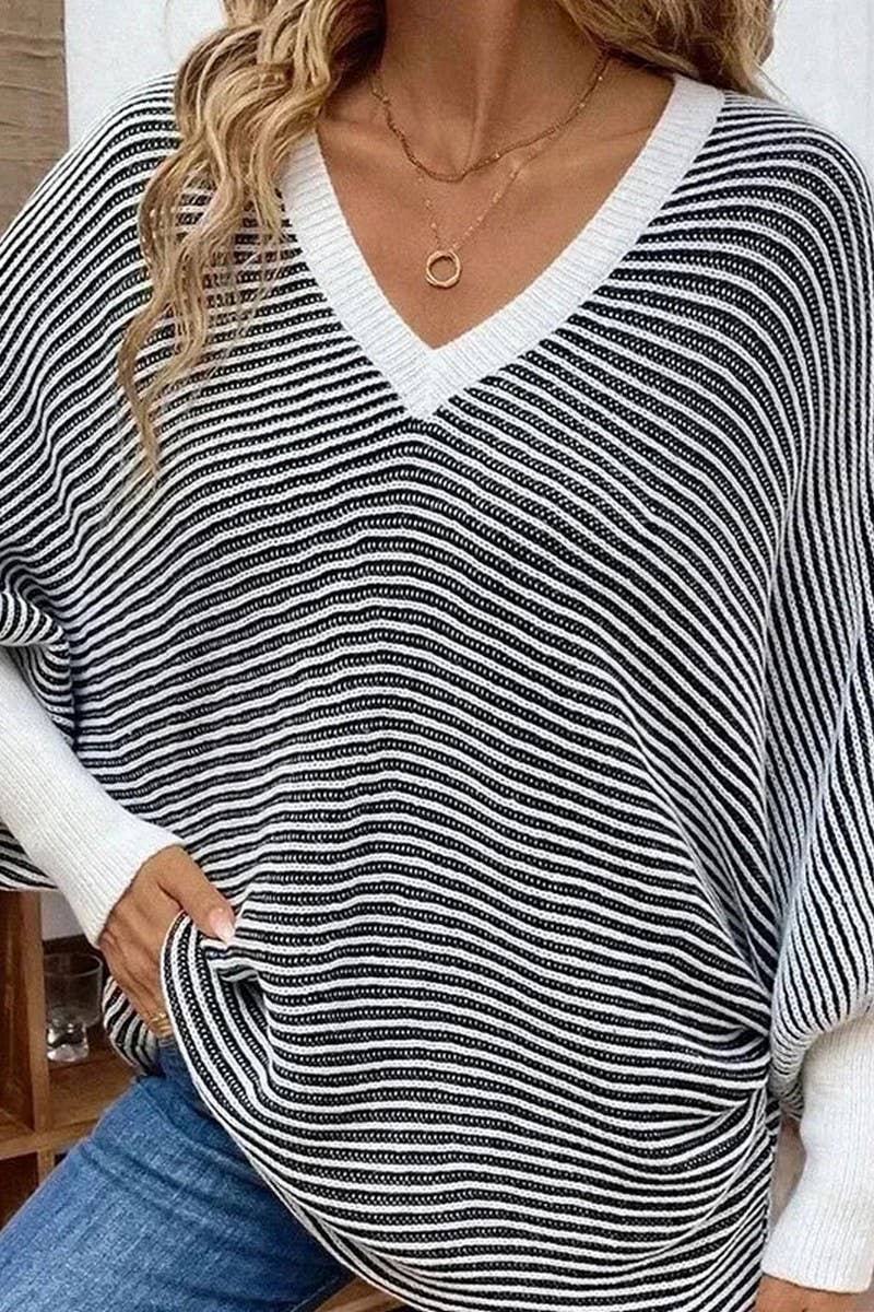 CWOSWL07305_LOOSE STRIPED V-NECK BATWING KNIT PULLOVER