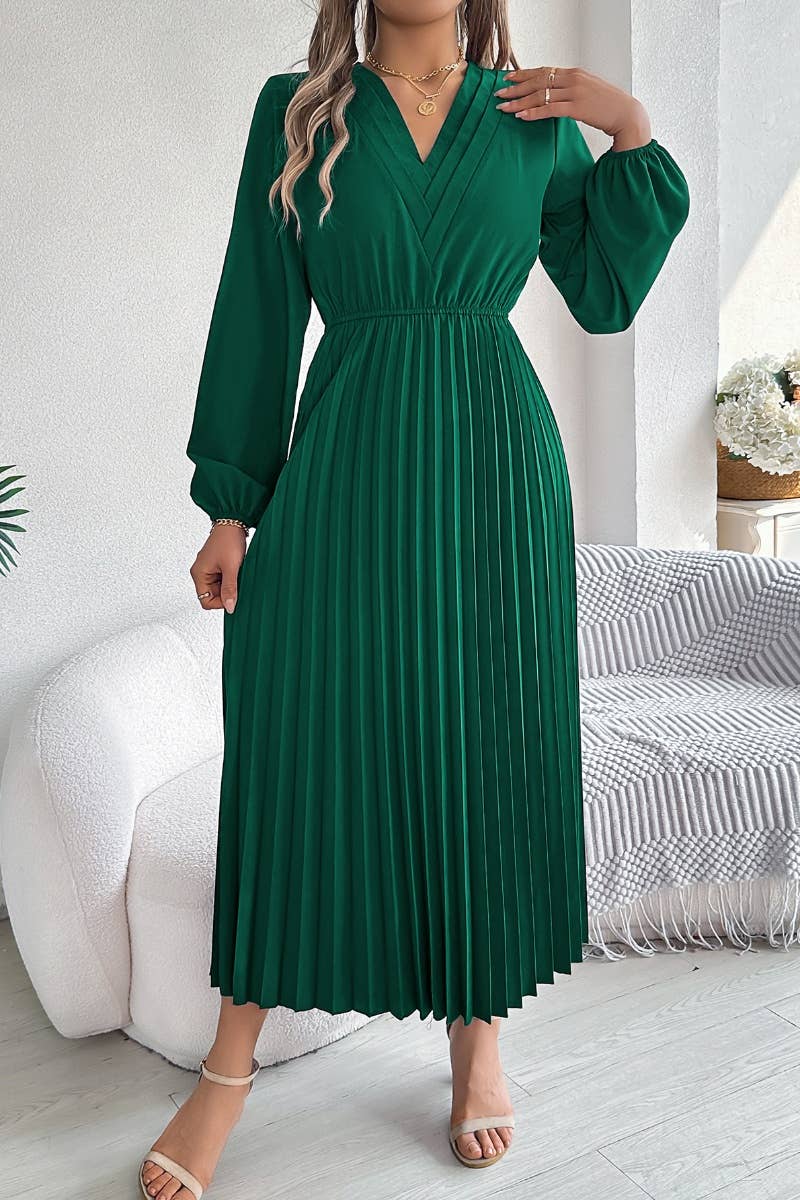 CWDMD3462_V-NECK LONG SLEEVE WAIST PLEATED DRESS LONG STYLE