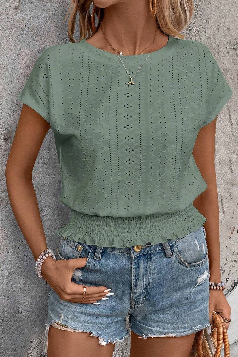 CWTBLS1793_ROUND NECK JACQUARD HOLLOW SHORT SLEEVE TOP