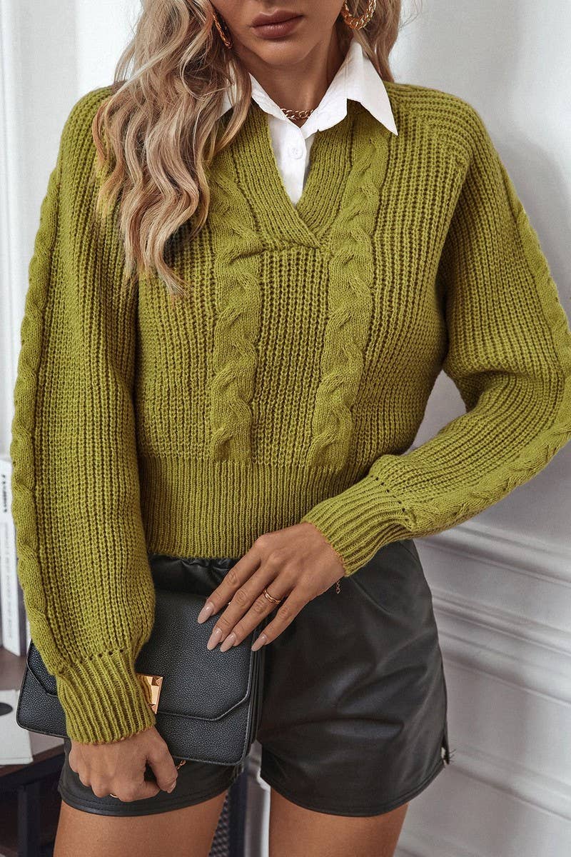 CWOSWL2876_SHIRT COLLAR STITCHING FAKE TWO-PIECE SWEATER