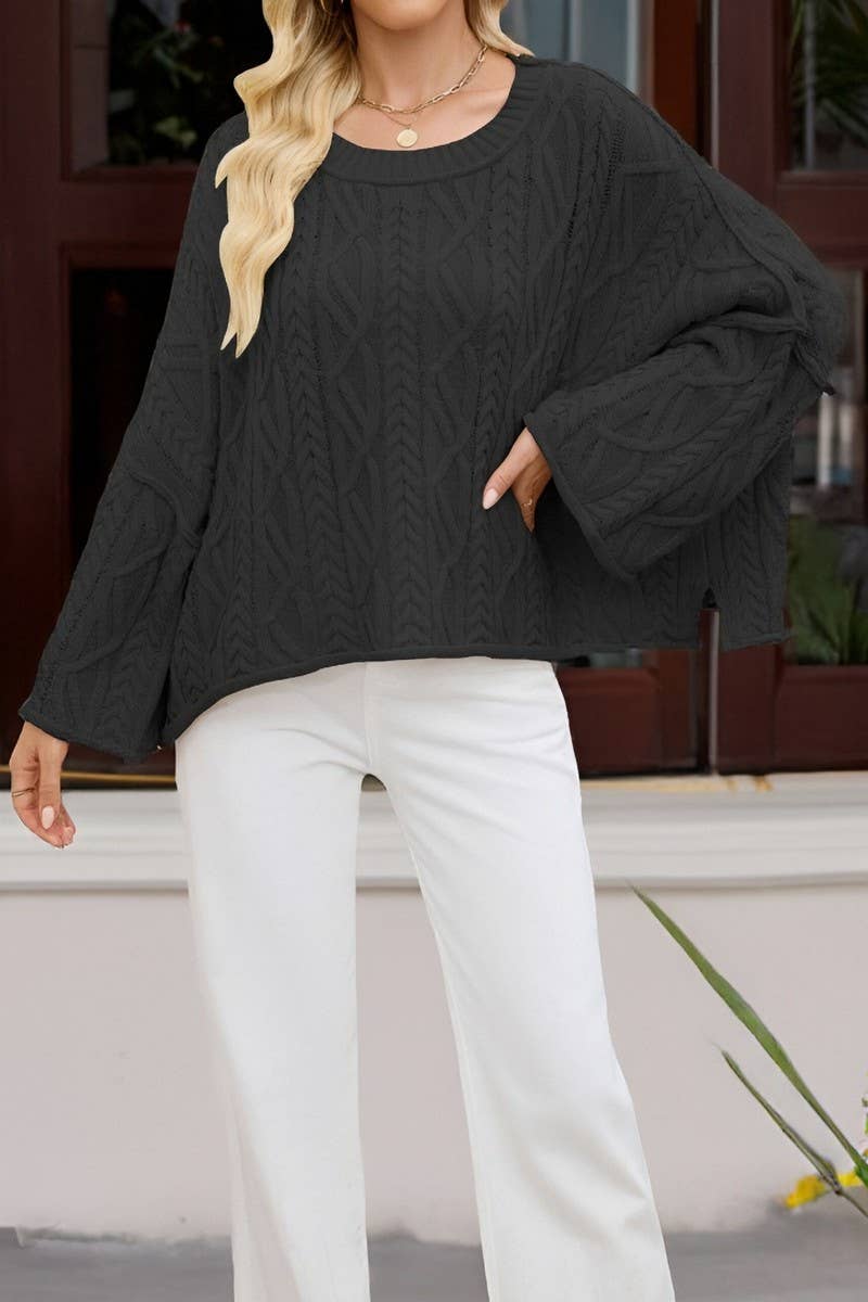 CWOSWL7016_ROUND NECK SHORT CABLE KNIT LOOSE SWEATER