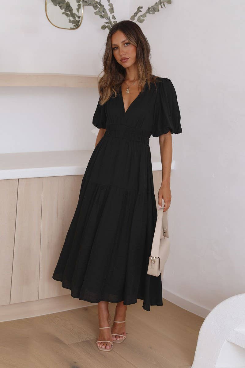 CWDSD8159_LANTERN SLEEVE TIERED FLARE MIDI DRESS