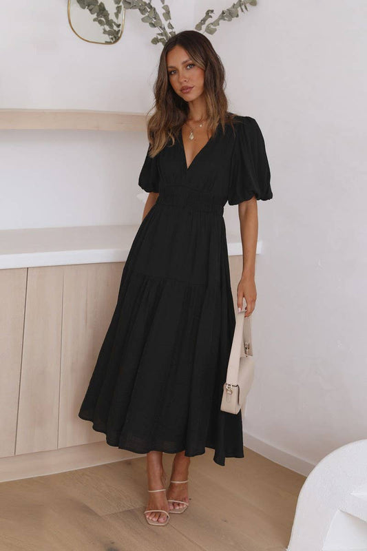 CWDSD8159_LANTERN SLEEVE TIERED FLARE MIDI DRESS