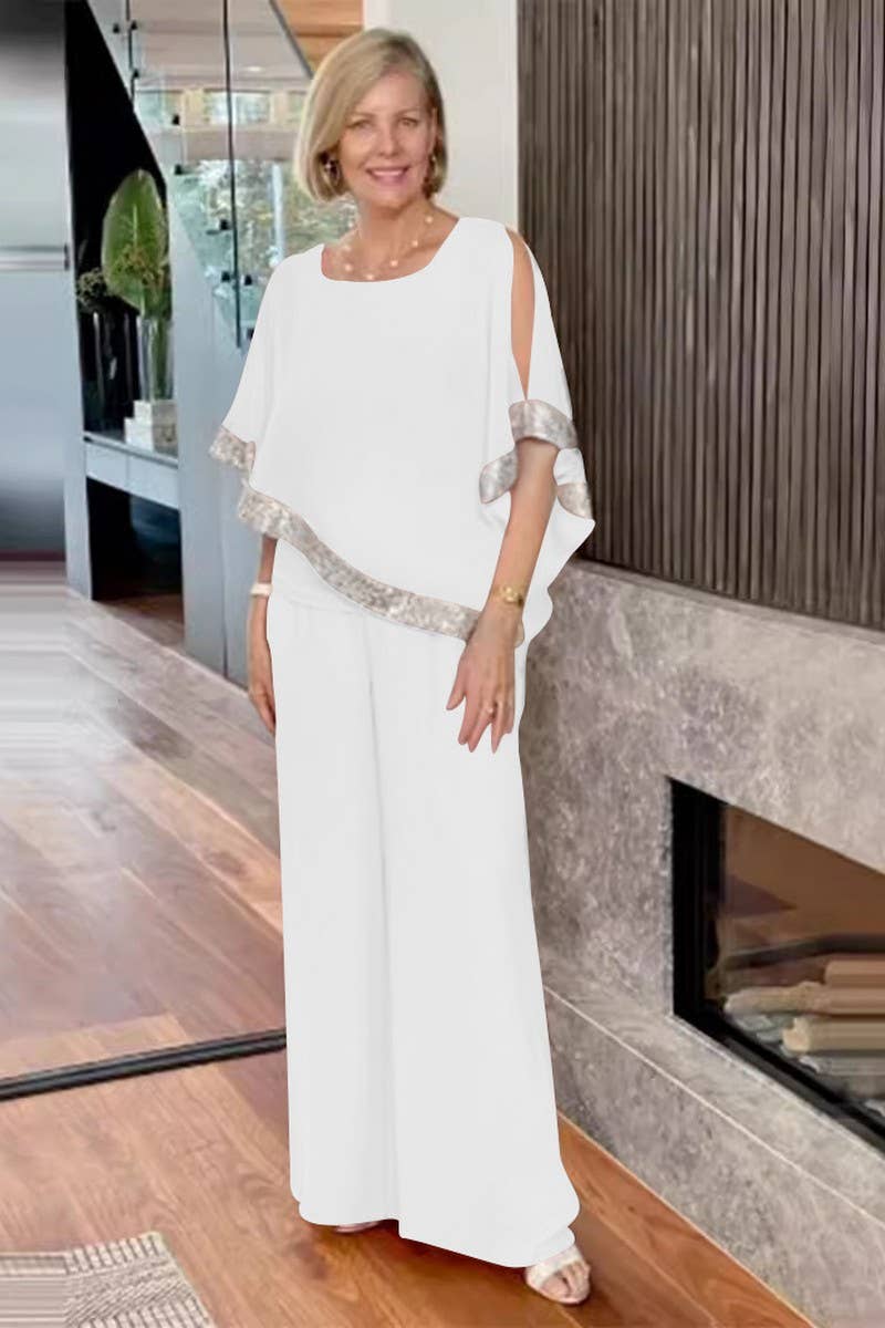 CWSTB1401_ROUND NECK SEQUIN TOP WIDE LEG PANTS SET