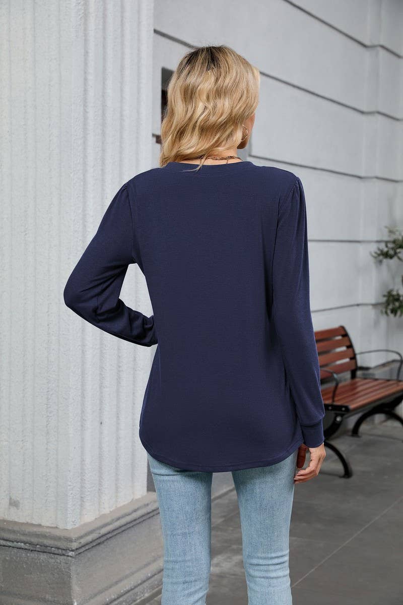 CWTBLL01306_V NECK RIBBED SOLID LONG SLEEVE CASUAL TEE